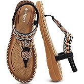 Aomigoct Sandals Women Flat Shoes: Dressy Summer Bohemian Flats Shoes for Women Sandals Comfortable Ankle Strap Outdoor Walking