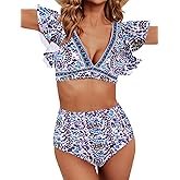 Soucrat Women's Ruffle High Waisted Swimsuit Two Piece Tropical Print Swimsuit Push Up Bathing Suit