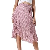 Allegra K Wrap Floral Midi Skirt for Women's Asymmetrical Hem High Waist Beach Ruffle Skirts