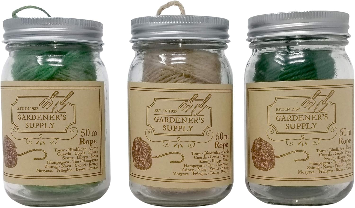 ToCi 3er Set Gartenschnur im Glas, DekoGläser mit 3x50 Meter Bindfaden