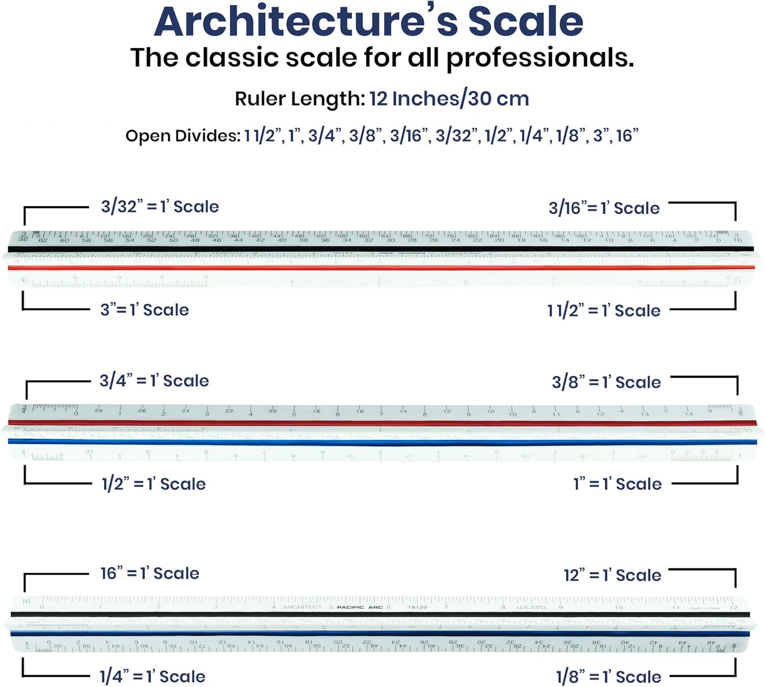 Drafting Tools & Kits 1 1/8 and 3 Inch 1/4 3/4 1/2 3/16 3/8 Pacific Arc  Architect Triangle Scale Ruler 12 Inch with Acid Etched Markings Openly Divided  by 3/32 1H Office Products