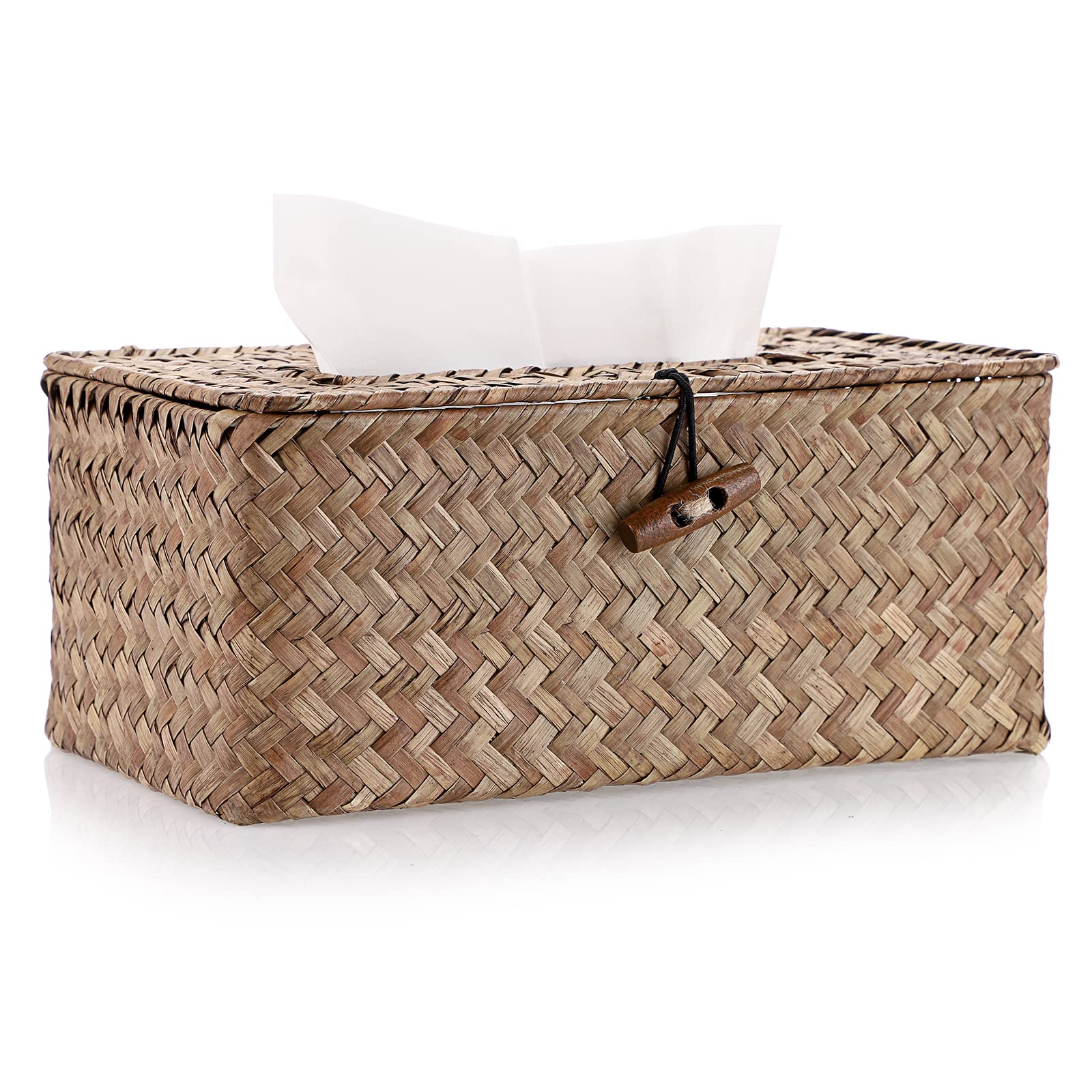 BSTKEY Household Rectangular Seagrass Facial Tissue Box Decorative Woven Paper Holder, Coffee,27x12x9