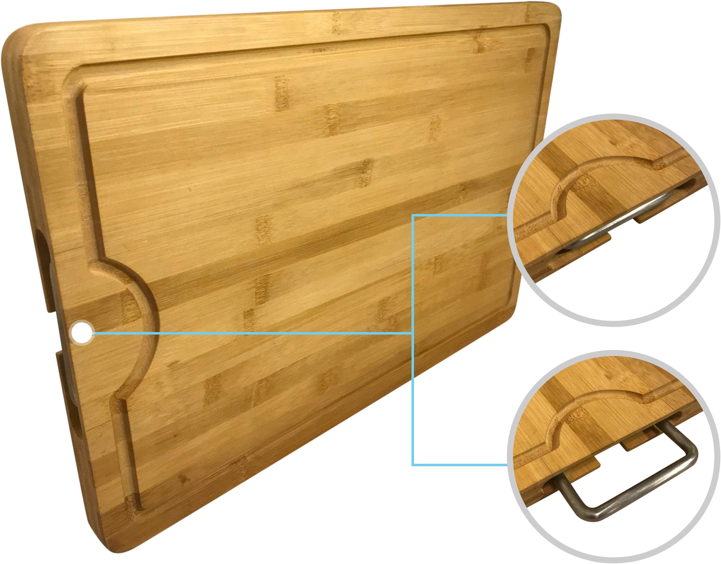 Premium Organic Bamboo Wood Chopping Board, Extra Large Cutting and Serving Board and Retractable Handle by DRYZEM 44.5cm x 30cm x 2.5cm