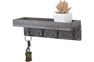 MyGift Wall Mounted Vintage Gray Wood Hanging Key and Mail Holder Rack Floating Display Shelf, Entryway Storage Shelf with 4 Metal Key Hooks