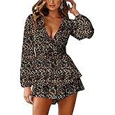 AIMCOO Women's Floral Print Deep V-Neck Romper Double Layer Ruffle Hem Jumpsuits Long Baggy Sleeves Waist Tie Short Rompers