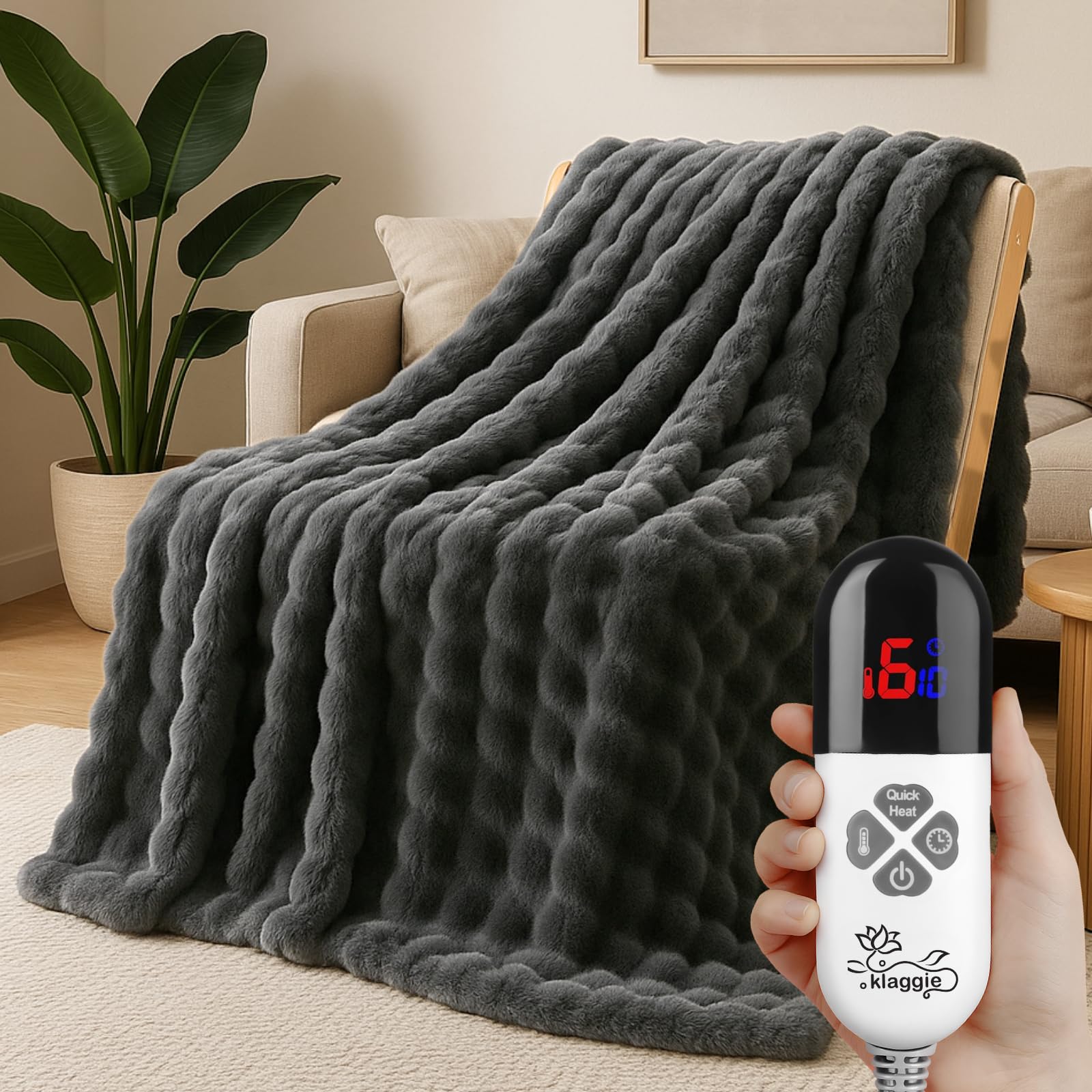 Photo 1 of **DOES NOT WORK***Electric Heated Blanket Throw 50"x60" Grey Ultra Soft Luxury Fluffy Faux Rabbit Fur Machine Washable 6 Heat Settings 4 Hours Auto Off Overheat Protection for Home Office Use