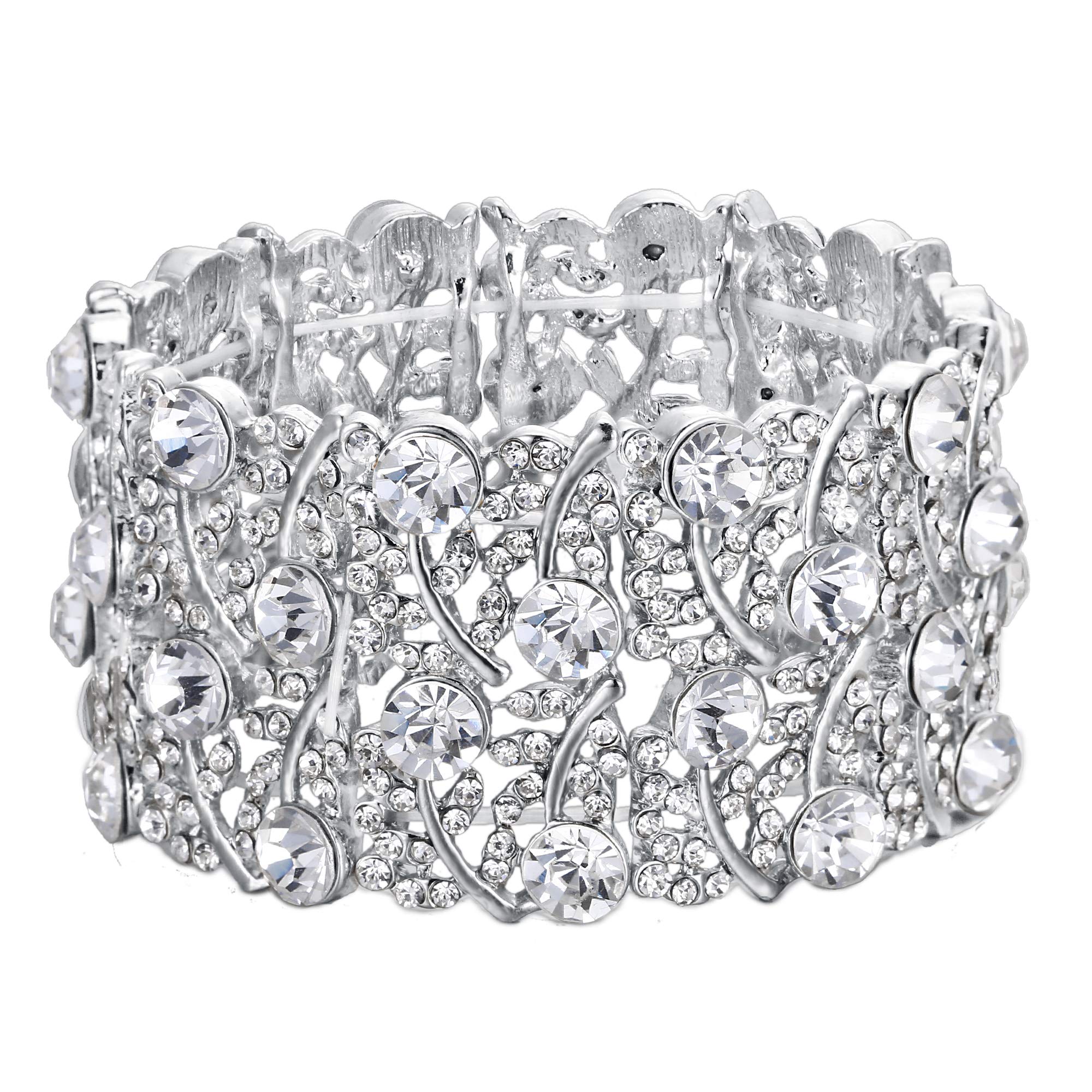 Clearine Women's Wedding Bridal Crystal Cluster Tennis Stretch Bracelet Clear Silver Tone