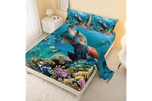 CVHOUSE Sea Turtle Fitted Sheet,Ocean Bed Sheet Set Twin Size,Turtle Bedding Set for Boys Kids Girls,1 Flat Sheet & 1 Fitted Sheet with 2 Pillow Cases - 4 Piece
