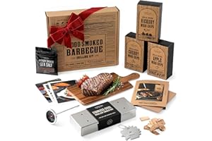 COOKING GIFT SET Deluxe Smoker Box for Gas Grilling - Complete BBQ Smoker Box Kit with Wood Chips, Stainless Steel Smoke Box for Gas Grill & Charcoal, Thermometer, Scraper & Recipes - Smoker Accessories Gifts for Men