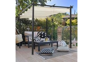 ECOTOUGE 10FT Outdoor Patio Pergola, Retractable Canopy Garden Gazebo，Aluminum Frame Grape Trellis Sun Shade Cover, Beige