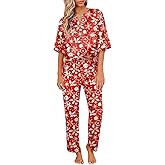Ekouaer Satin Pajama Set Womens Silk Short Sleeve V Neck Shirt with Long Pant Soft Loungewear Pjs Set