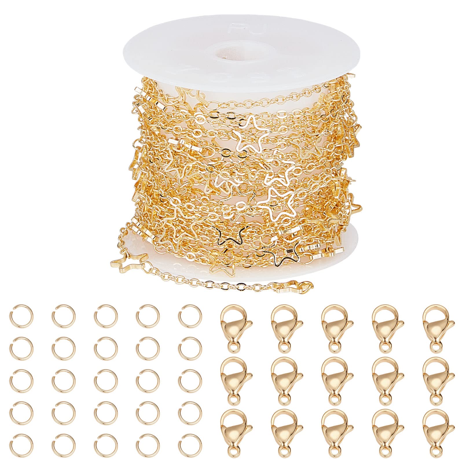 SUNNYCLUE 16.4Feet/ 5m Real 18K Gold Plated Chain Brass Cable Star Chains Stars Links 50Pcs Stainless Steel Jump Rings 20Pcs Lobster Claw Clasps for jewellery Making Supplies Necklace Women DIY Craft