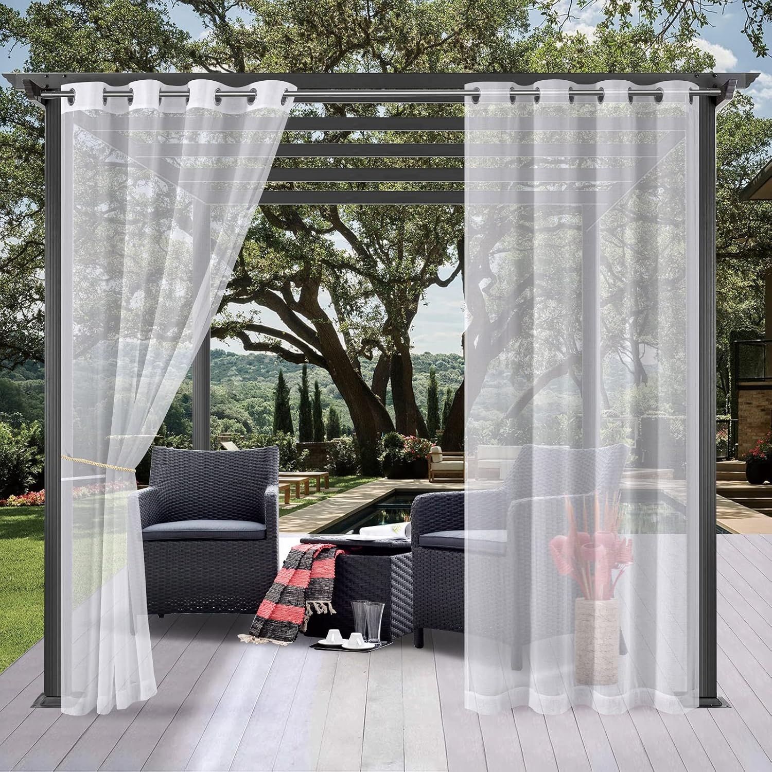 Outdoor Curtains - Voday (2 Panels) Sheer Indoor/Outdoor Curtains for Patio 54x120 Inch - Linen Look Semi Sheer Curtains with Free Tieback Rope - Rustproof Ring Top Privacy Protected Voile Drape for Porch Cabana