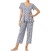 HUE womens Printed Knit Short Sleeve Tee With Flounce Hem and Pant 2 Piece Pajama Set Sleepwear