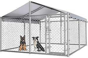 Kicari 10x10ft Extra Large Dog Kennel Outdoor, Heavy-Duty Outside Dog Kennel with Roof, Security Latch-Lock Door, Chain-Link Dog Enclosure Dog Run for Yard with Cover
