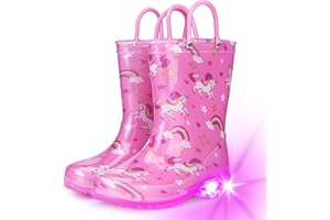 Funspread Rain Boots for Girls - Light Up Rain Boots for Toddlers and Kids Waterproof Shoes with Handles