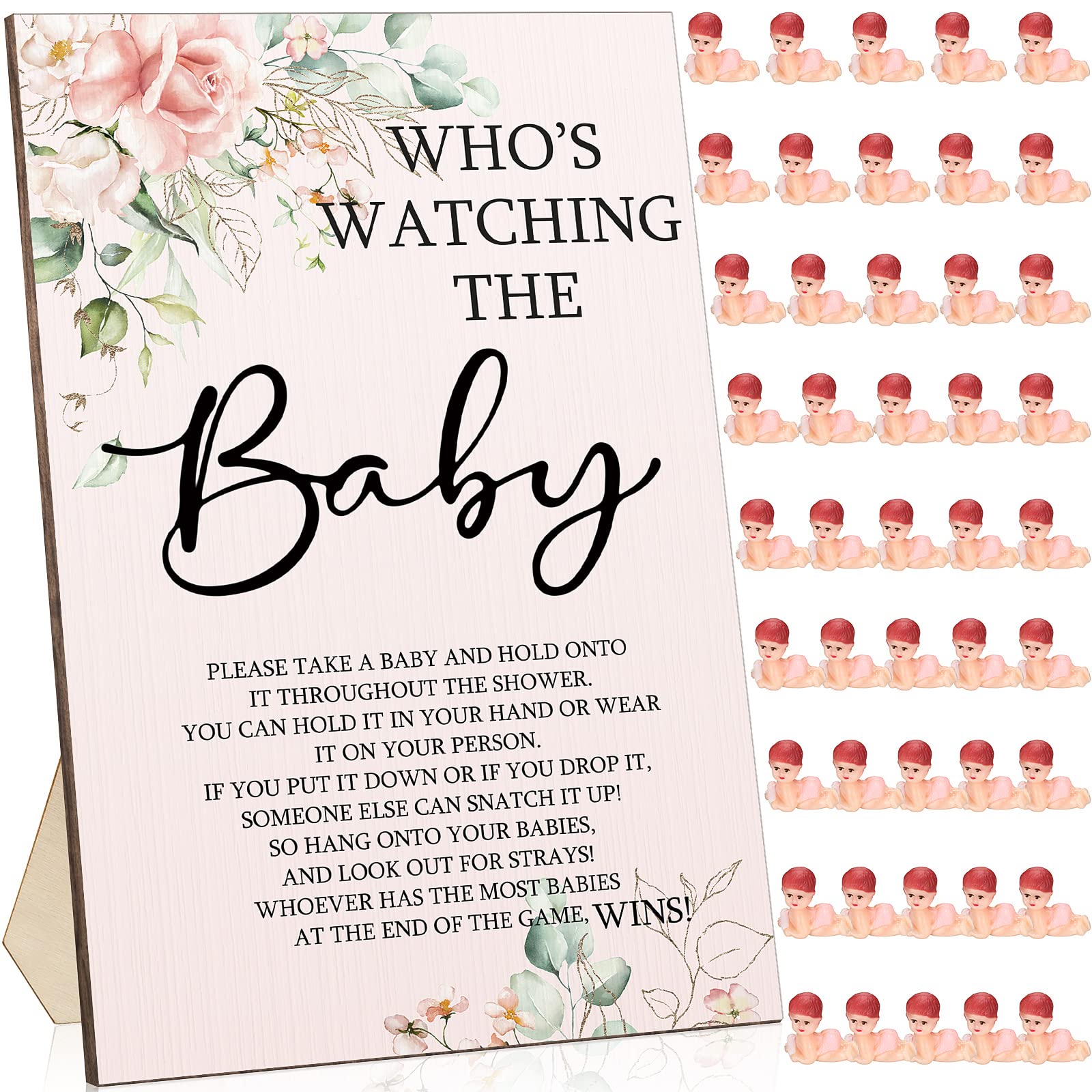 Photo 1 of 51 Pcs Cool Baby Shower Games Flower Funny Who's Watching The Baby Sign Wooden Game Sign Baby Gift Sets 50 Pcs Tiny Plastic Babies Small Mini Baby Baby Shower Game Prizes for Gender Reveal Party