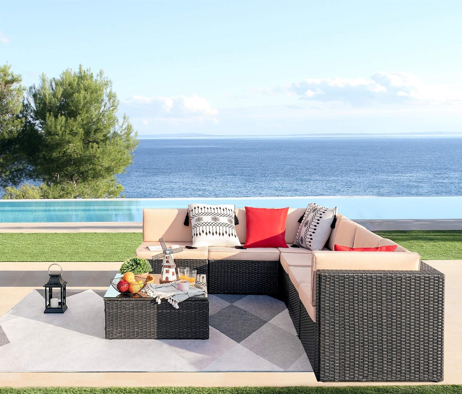 Devoko 7 Pieces Outdoor Sectional Sofa All-Weather Patio Furniture Sets Manual Weaving Wicker Rattan Patio Conversation Sets with Cushion and Glass Table (Beige): Garden & Outdoor