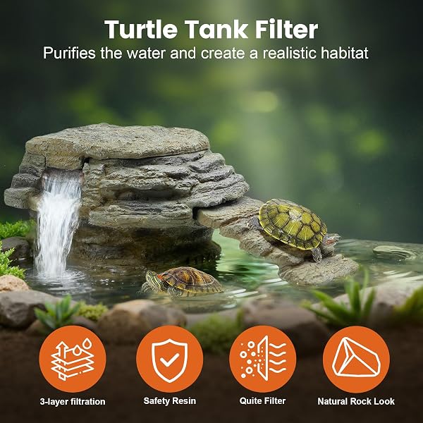 MIXJOY 130GPH TURTLE TANK FILTER, ULTRA-QUIET TURTLE FILTER WITH TURTLE BASKING PLATFORM, DETACHABLE BRIDGE FOR CLIMBING&DIVING, ADJUSTABLE FLOW, MULTI-LAYER FILTRATION, FILTER FOR TURTLE TANK, DECOR