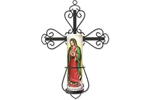 Stonebriar Decorative Scrolled Metal Cross Wall Sconce with Lady of Guadalupe LED Candle, Religious Gift Ideas for Friends and Family