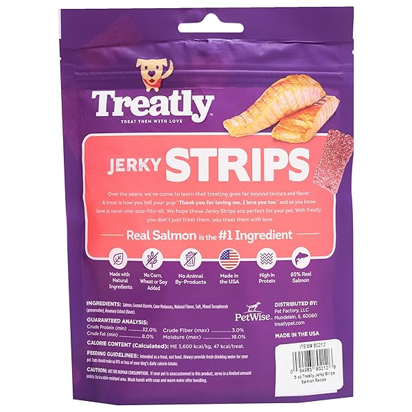 TREATLY JERKY STRIPS DOG TREATS – SALMON FLAVOR, 5OZ/1 PACK