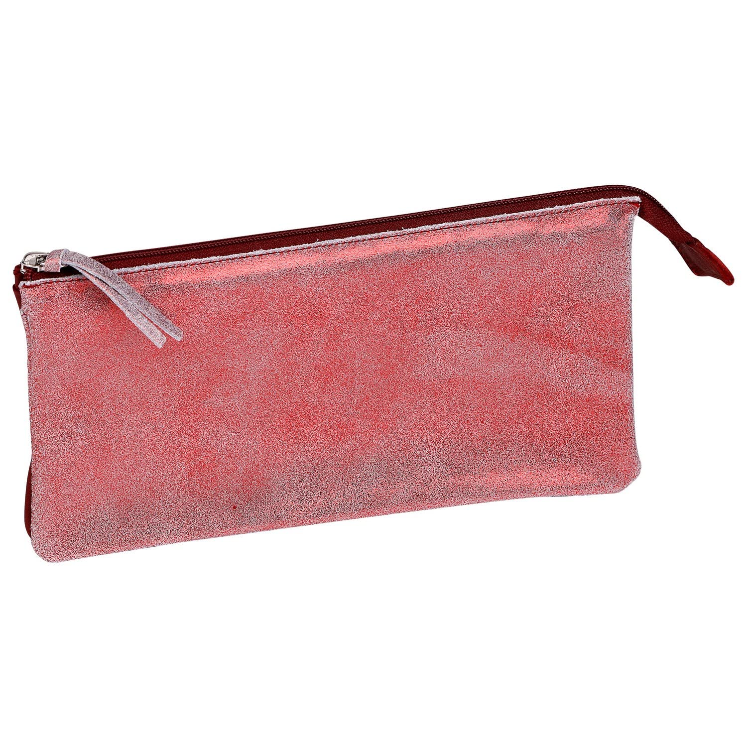 Clairefontaine - Ref 410070C - Ruby' Suede Flat Pencil Case With 2 Compartments - 22 x 11cm, Made From Genuine Lambskin Leather, Metal Zip With Leather Puller - Red & Shiny Red