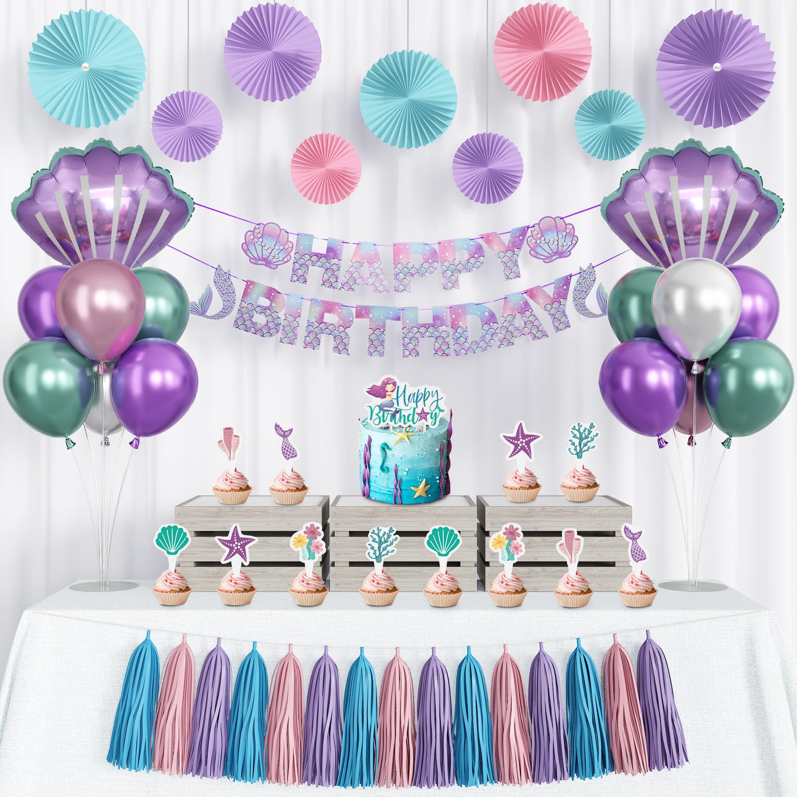 Photo 1 of Mermaid Party Table Centerpiece Balloon Stand Kit, Little Mermaid Birthday Balloon Stand Kit Baby Shower Ocean Theme Party With Sea Shell Foil Balloons for Girls Women