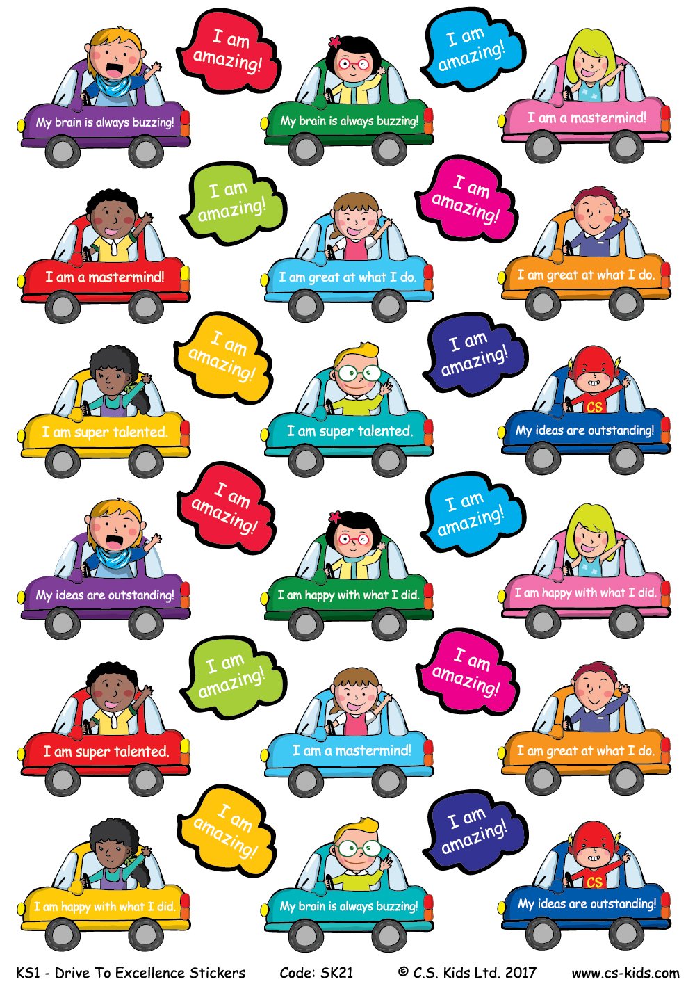 C.S. KIDS KS1 Drive To Excellence Car Stickers, Teacher & Parent Reward Stickers for Kids, 180 Multicolor Inspirational Typography Stickers