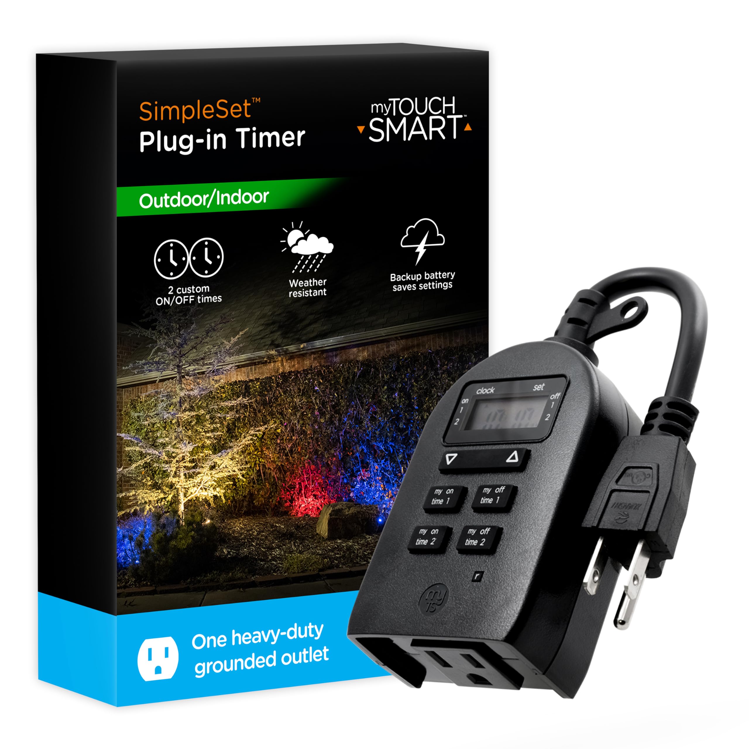 Photo 1 of myTouchSmart Indoor/Outdoor Plug-in Digital Timer, One Grounded Outlet, Two Easy-to-Set Custom Daily On/Off Times, Weather Resistant, Ideal for Small Pumps and Seasonal Lighting, 36027
