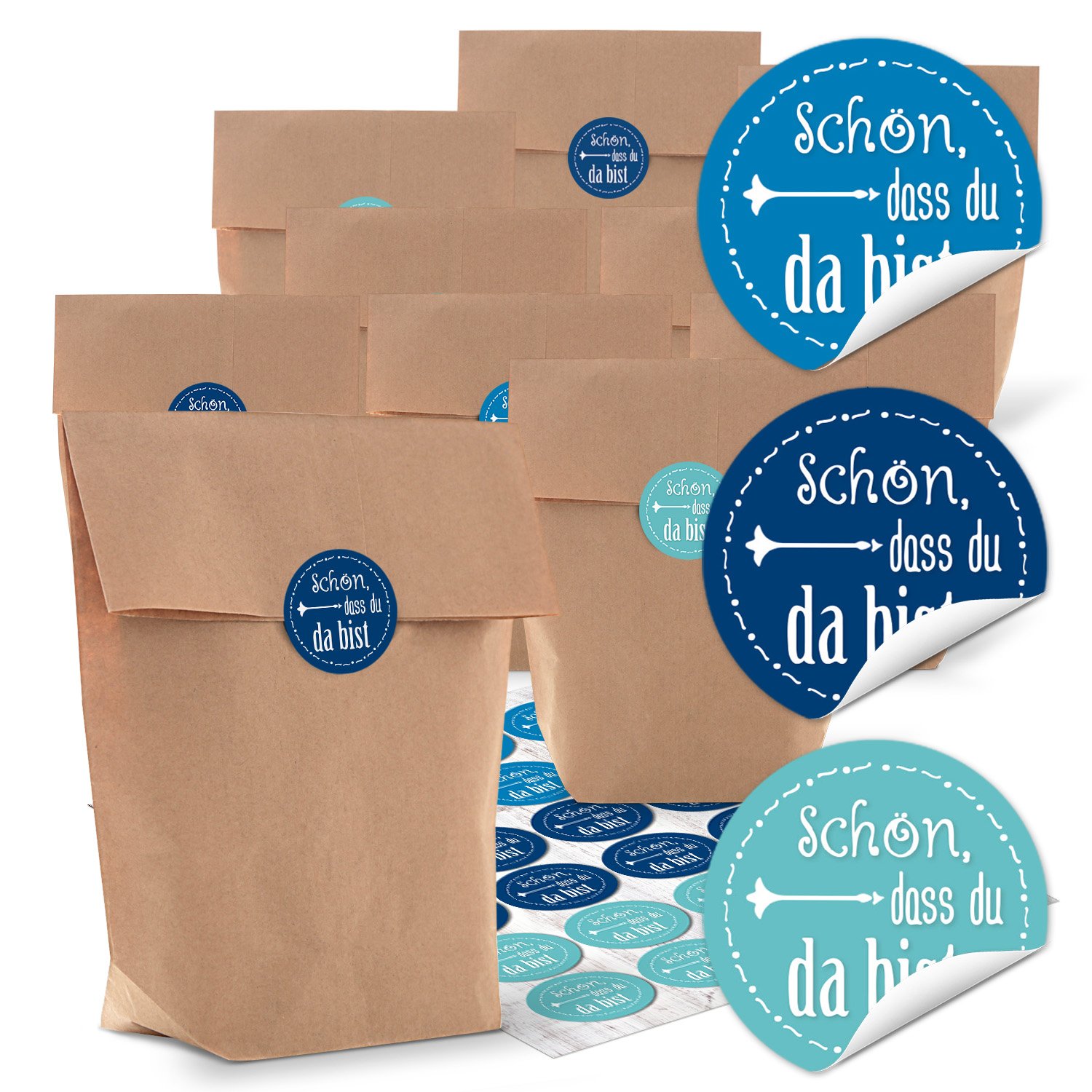 Logbuch-Verlag 24 Schön, dass du da bist Gift Bags Brown with Sticker Blue Turquoise - Guest Gift Party Bag Packaging Birthday Wedding