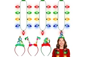 BLOWATA 6 Pack Christmas Light Up Bulk, Xmas LED 3 Cute Cartoon Design Headbands, Christmas Bulb Lights Necklace for Party Favor Supplies, New Year Eve Christmas Holiday Accessories for Kids Men Women