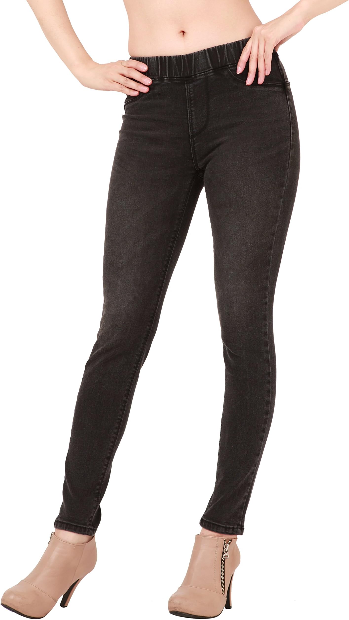 Mascara Women Skinny Jeans Jeggings Pants Elastic Waist Winter-Black-Jean Small