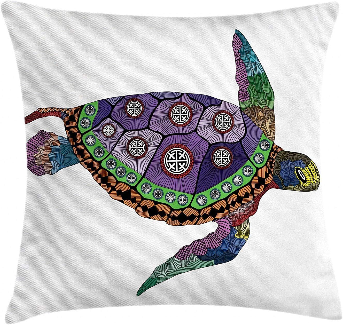 XGUPKL Psychedelic Decor Throw Pillow Cushion Cover, Sea Turtle Colorful Ornamental Tattoos on Animal Art Work, Decorative Square Accent Pillow Case, 18 X 18 Inches, Purple Orange Pink