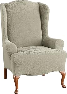 SureFit Stretch Jacquard Damask - Wing Chair Slipcover - Sage (SF39616)