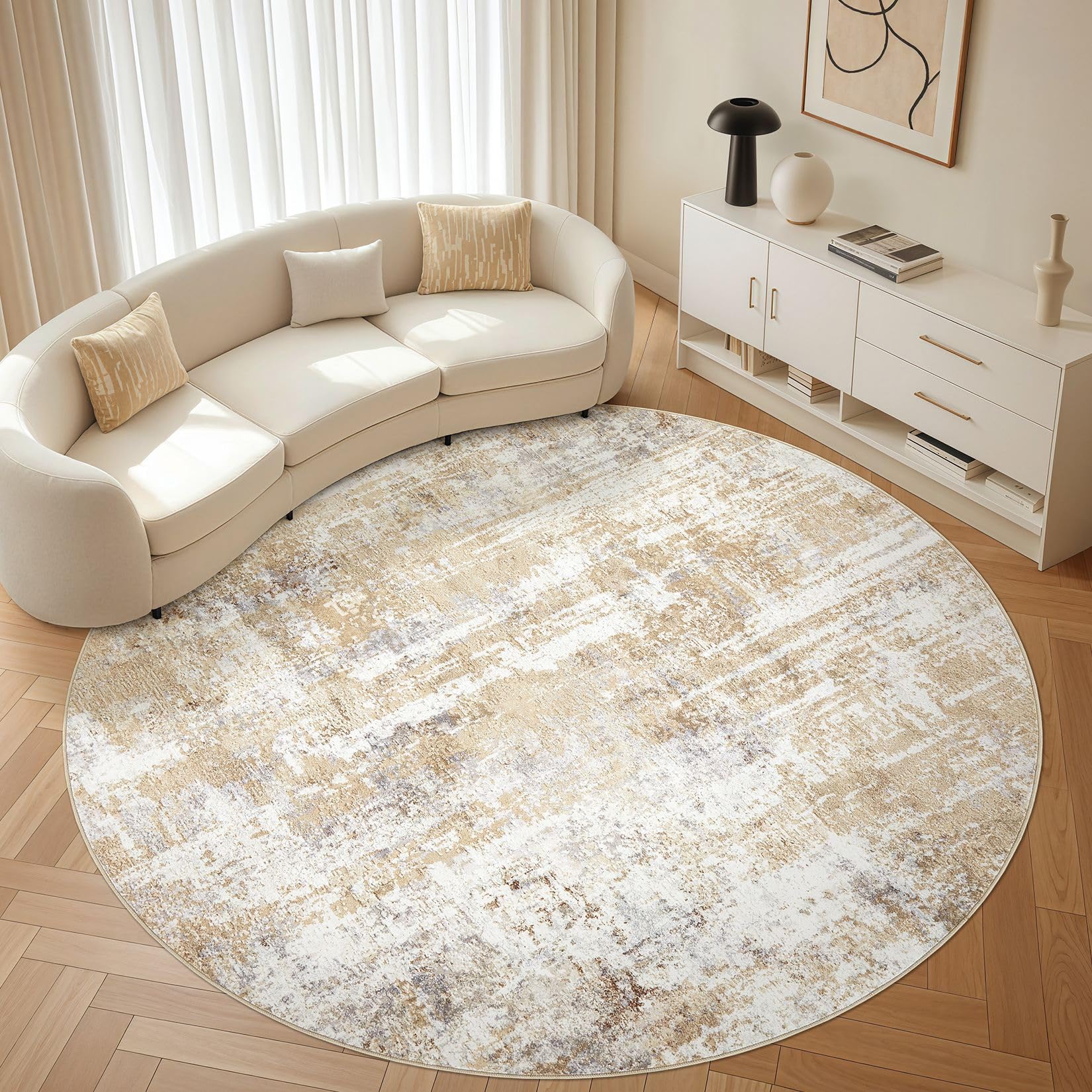 Photo 1 of Round Rug Living Room Rugs: 8Ft Washable Circle Large Abstract Modern Soft Stain Resistant Non Slip Indoor Floor Carpet for Bedroom Nursery Office Dining Room Dorm Home House Decor- Gray Gold