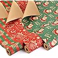 AhfuLife 3 Rolls Christmas Wrapping Paper for Gift, 17 Inch x 32.8 Feet Xmas Wrapping Paper Rolls Recyclable Kraft Paper for