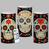 ONEIHOMM Dia De Los Muertos Flameless Candles with Timer Remote 3 Pack | Halloween Flameless LED Candle Battery Operated Sugar Skull Day of The Dead Decoration
