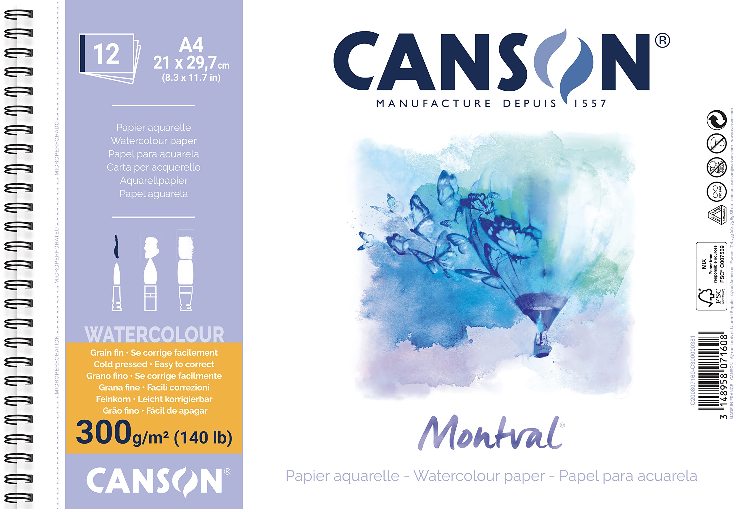 Canson Spiral-Bound Notepad AQ Montval Fine Watercolour 300 g/m² 12 Sheets per Pad Spiral on Short Side White 21 x 29.7 cm White