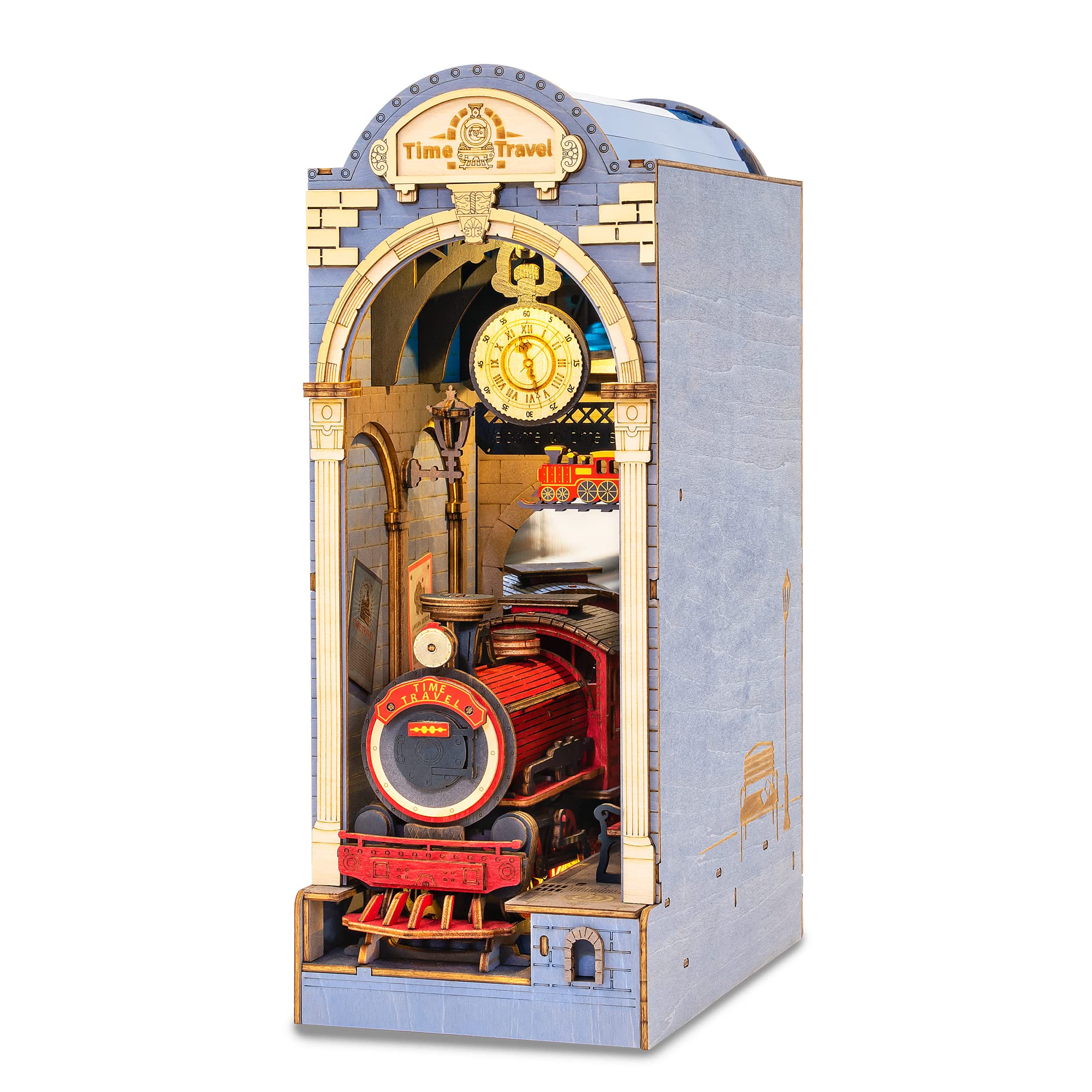 Hands Craft DIY Book Nook Kit – Time Travel Miniature House Dollhouse LED Lights Booknook Bookshelf Insert Laser Cut Wooden Puzzle 3D Bookends Book Stand Decor TGB04