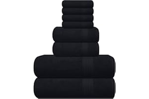 GLAMBURG Ultra Soft 8-Piece Towel Set - 100% Pure Ringspun Cotton, Contains 2 Oversized Bath Towels 27x54, 2 Hand Towels 16x28, 4 Wash Cloths 13x13 - Ideal for Everyday use, Hotel & Spa - Black