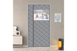 HooTown Magnetic Thermal Insulated Door Curtain Fits Door Size 28" x 82", Sideway Open with Window Durable Waterproof Cloth and Thicken Cotton, Winter Door Cover, Weatherproof, Reduce Noise, Gray