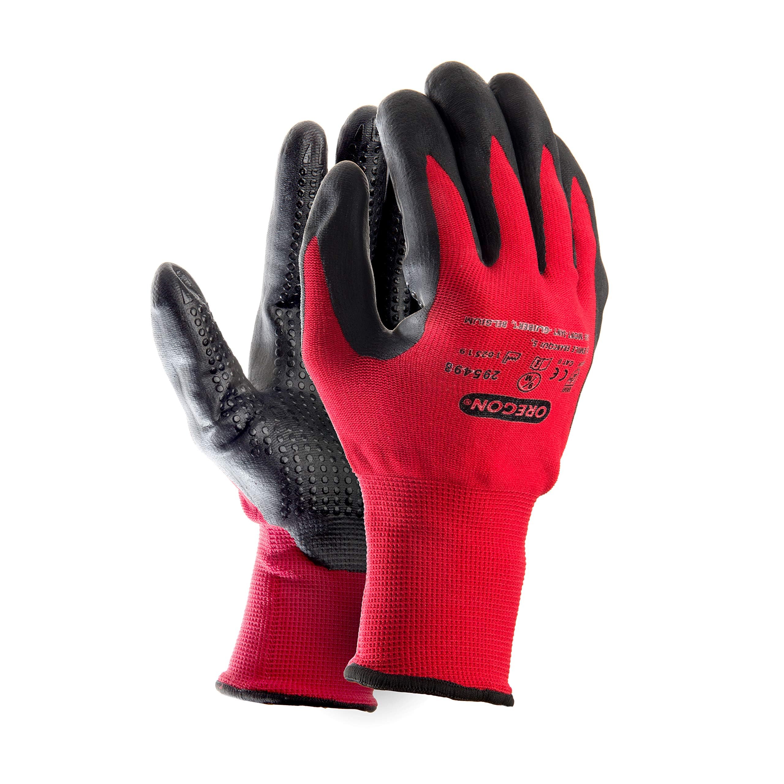 Oregon Red Work Gloves, Stretch Nylon Coated Nitrile Protection, Indoor & Outdoor PPE Gloves for Men & Women, Heavy Duty Gardening & DIY Hand Protection - Size Medium
