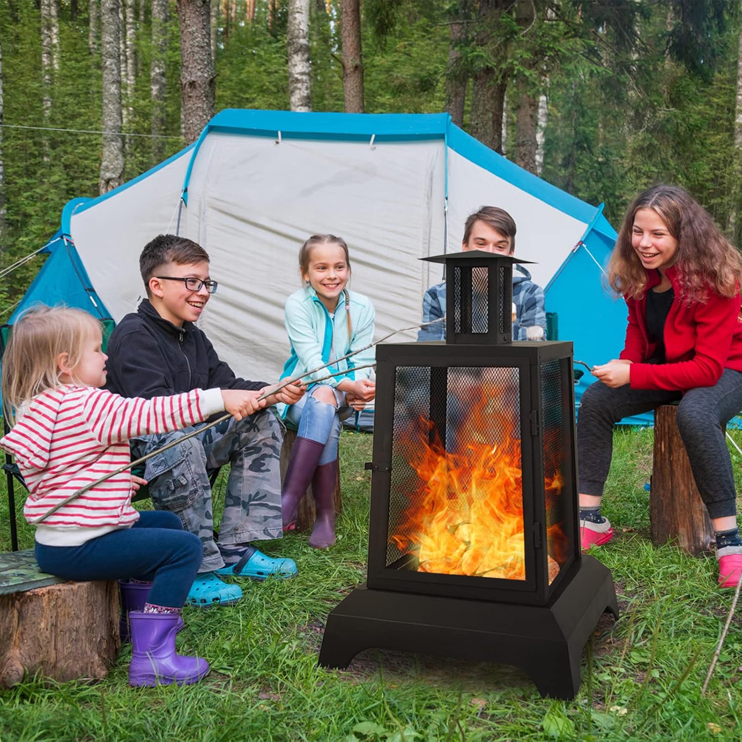 charaHOME Large Fire Pits Wood Burning 44'' High Chimineas Fire Pit Steel Big Outdoor Pagoda Style Firepits Bowl with Mesh Spark Screen Modern Firepits for Camping, Backyard, Party : Garden & Outdoor