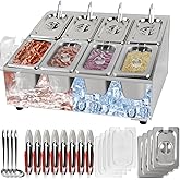 Kalolary 8 Pans Pizza Topping Storage Station, Stainless Steel Condiment Containers with Lids Spoons Ice Food Serving Display Container Salad Bar Buffet Station for Home Sauce Jam Kitchen Restaurant