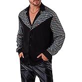 OLEMEK Men's 70s Disco Shirt Long Sleeve Button Down Sequins Glitters Shirt Nightclub Party Shirts