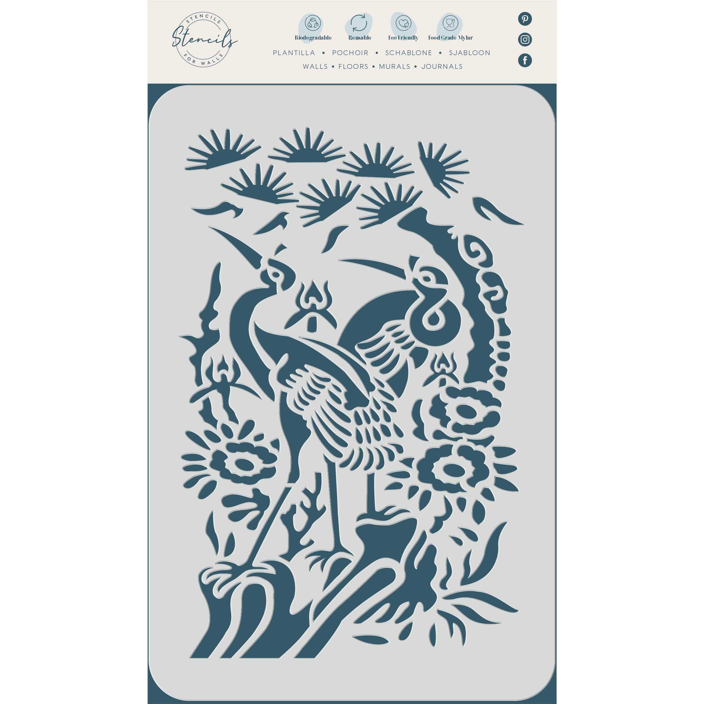 Oriental Herons Stencil, 21.5 x 35.5 cm (L) -Traditional Asian Chinese Birds with Flowers Stencils for Painting Template