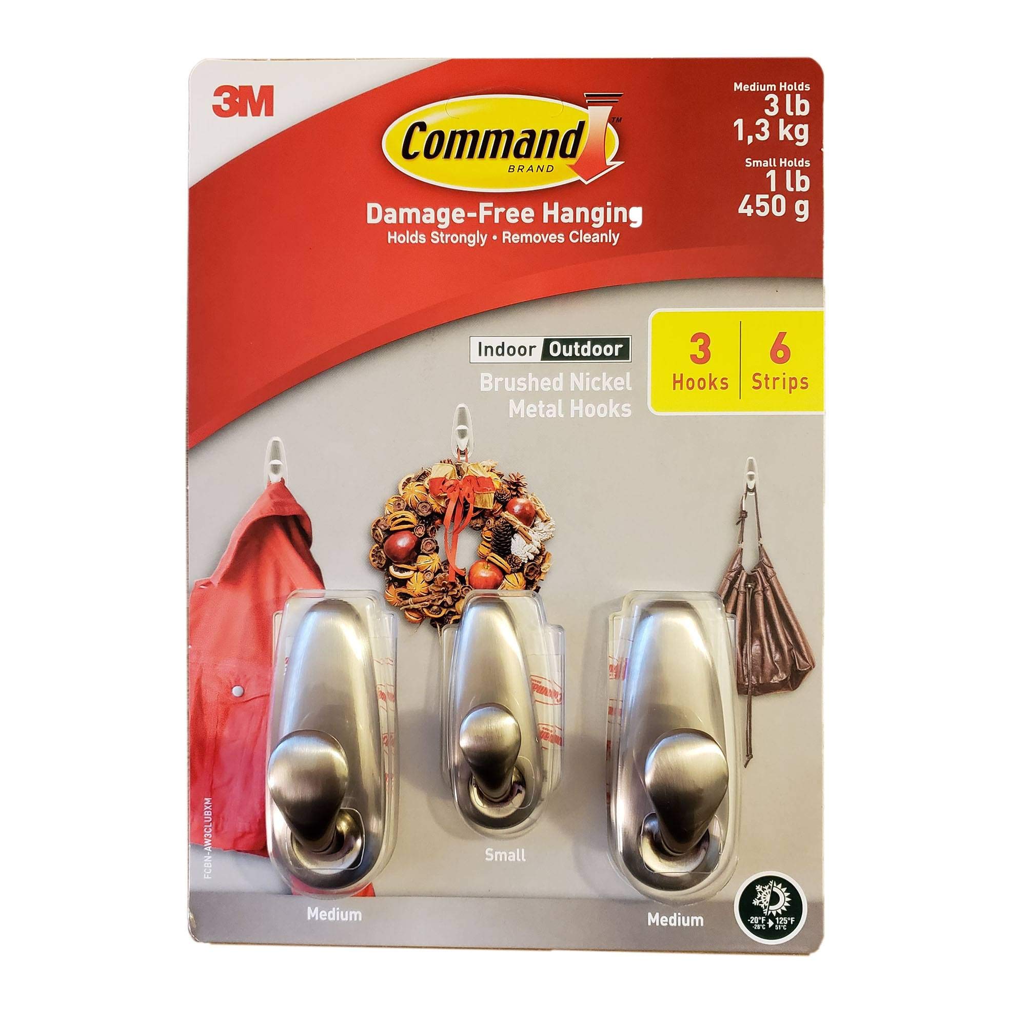 Command Indoor Outdoor Brushed Nickel Metal Hooks 3 Hooks 6 Strips 1 Small 2 Medium