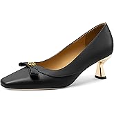 HeySoleModa Womens Pumps, Square Toe Mid Heel Shoes, Golden Kitten Heel Pumps with Bows and Golden Flower 2"