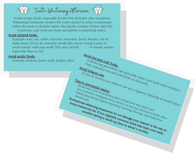 Professional Teeth Whitening Aftercare Instructions Cards