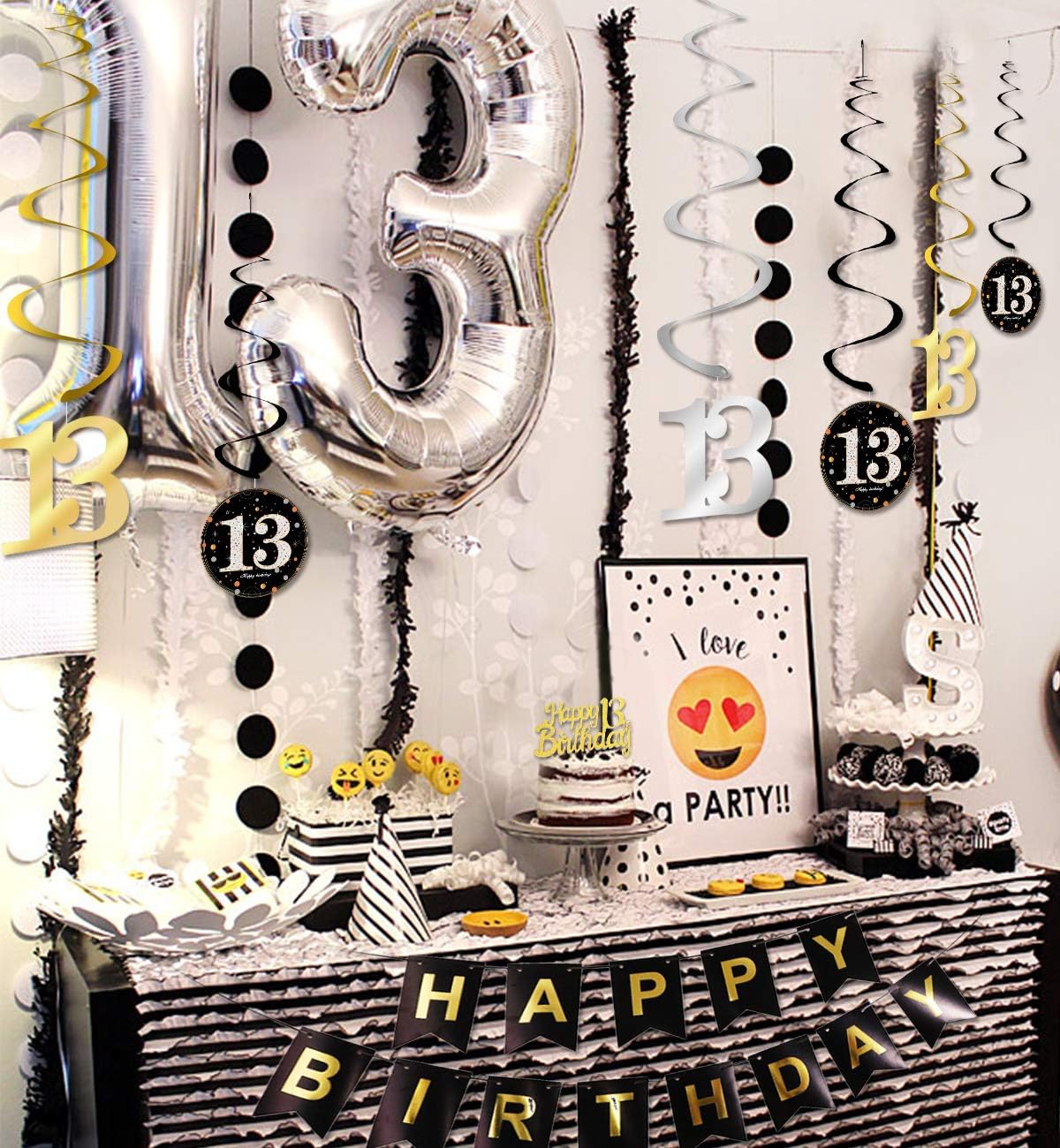 Kreatwow 13th Birthday Decorations for Boys Girls Black Gold Official Teenager Birthday Decorations 13th Birthday Balloon Teenager Banner Hanging Swirl 13 Foil Balloons - Image 5